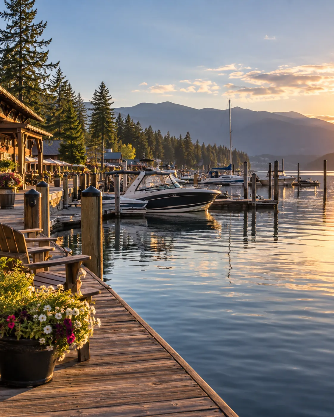 Bayview marina at Lake Pend Oreille during sunset